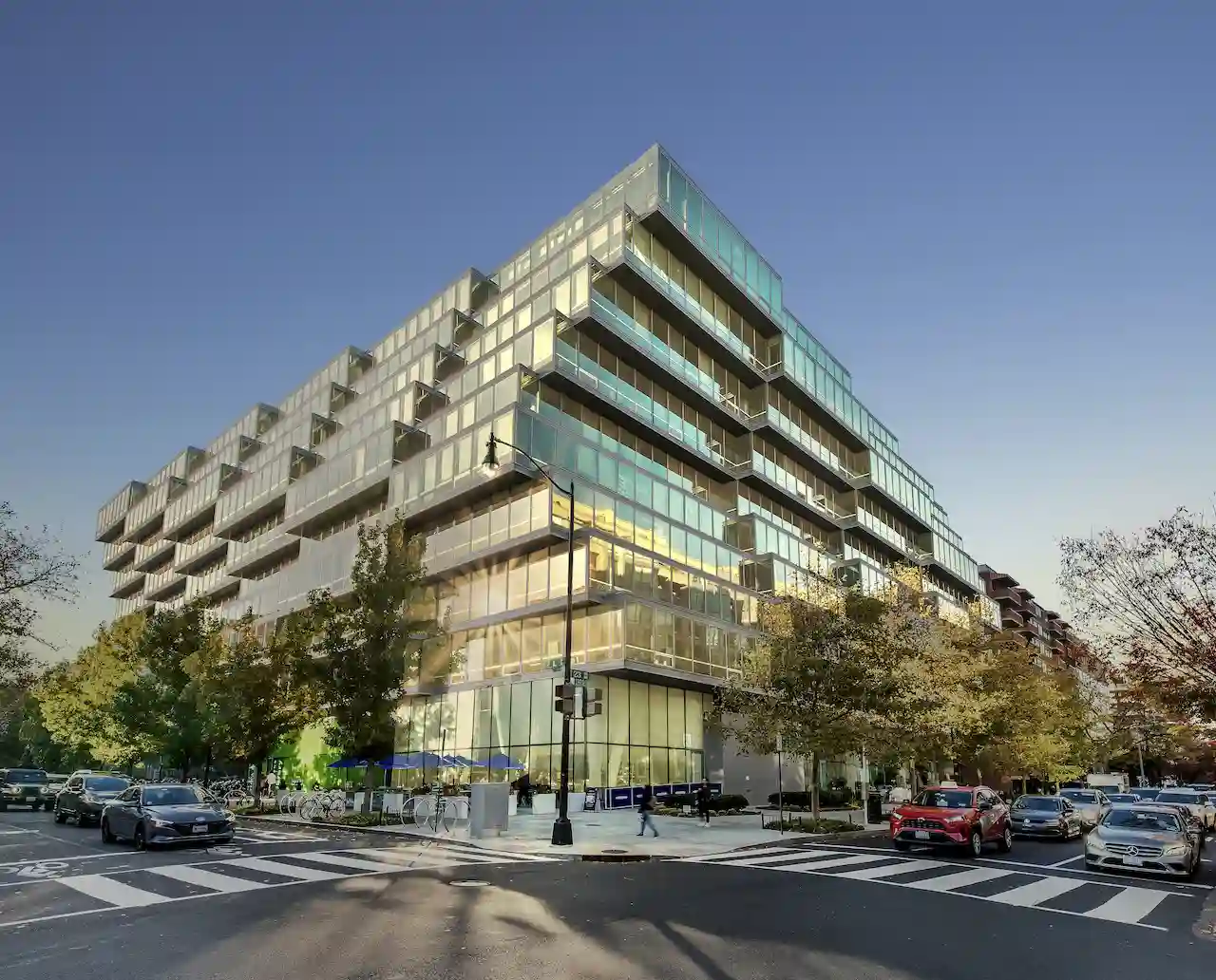 A modern building in Washington, DC with glass walls called Westlight